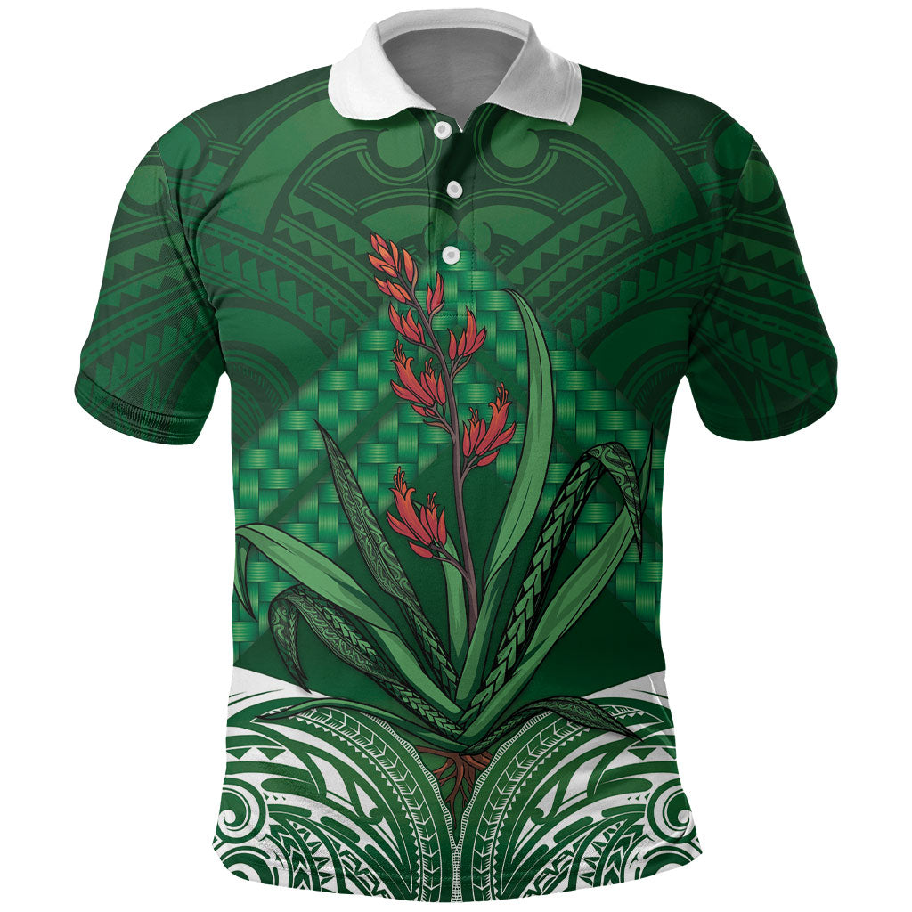 Rongoa Maori New Zealand Harakeke Polo Shirt NZ Weaving Pattern Green