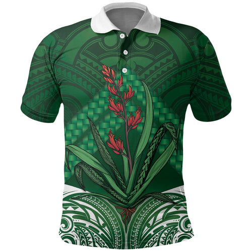 Rongoa Maori New Zealand Harakeke Polo Shirt NZ Weaving Pattern Green