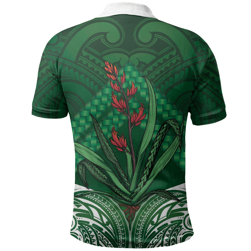 Rongoa Maori New Zealand Harakeke Polo Shirt NZ Weaving Pattern Green