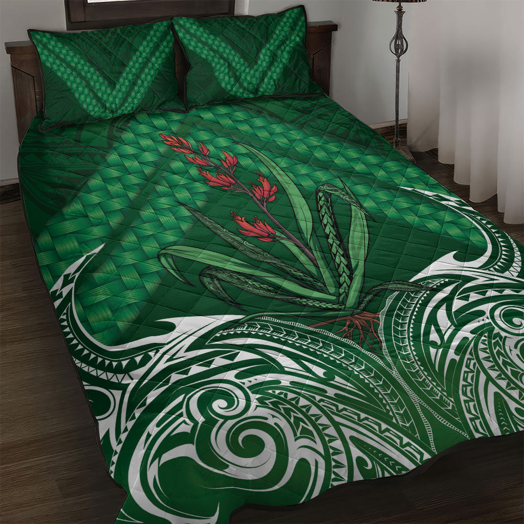 Rongoa Maori New Zealand Harakeke Quilt Bed Set NZ Weaving Pattern Green