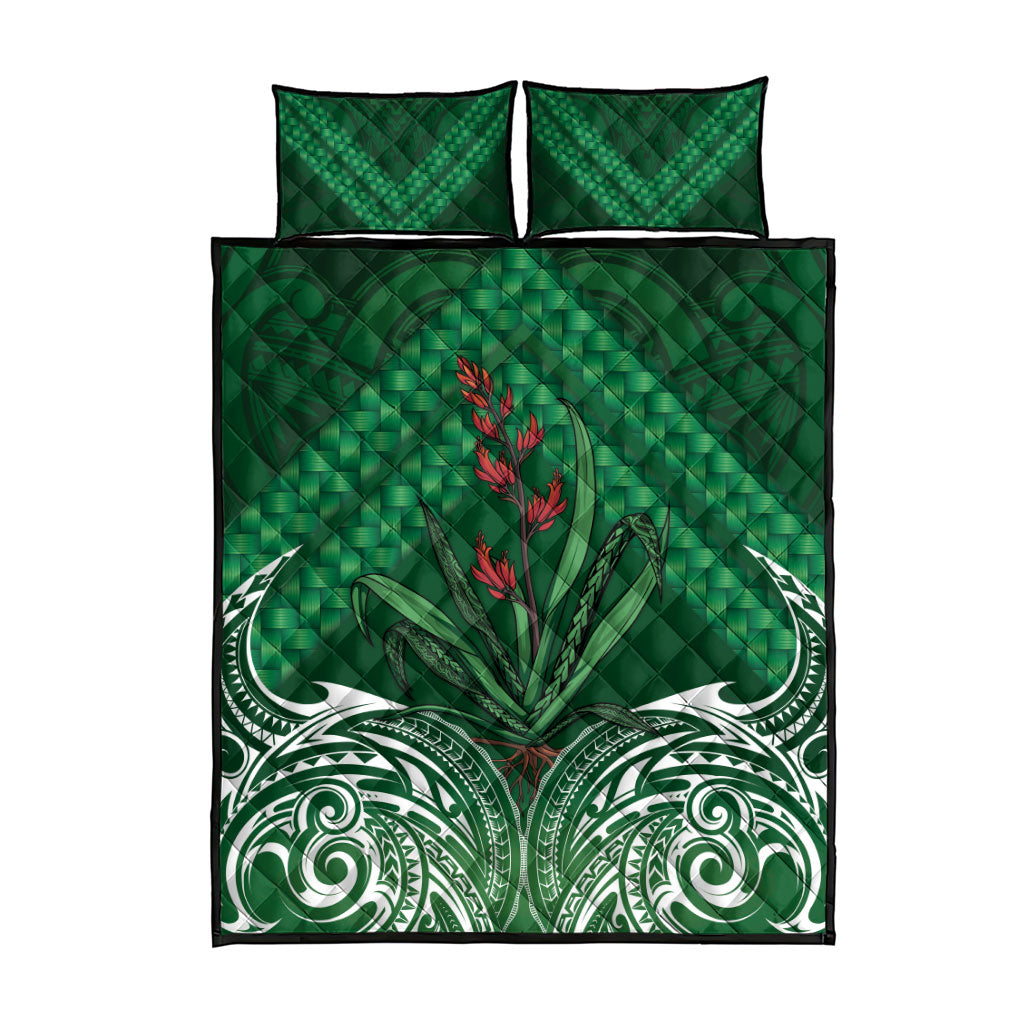 Rongoa Maori New Zealand Harakeke Quilt Bed Set NZ Weaving Pattern Green