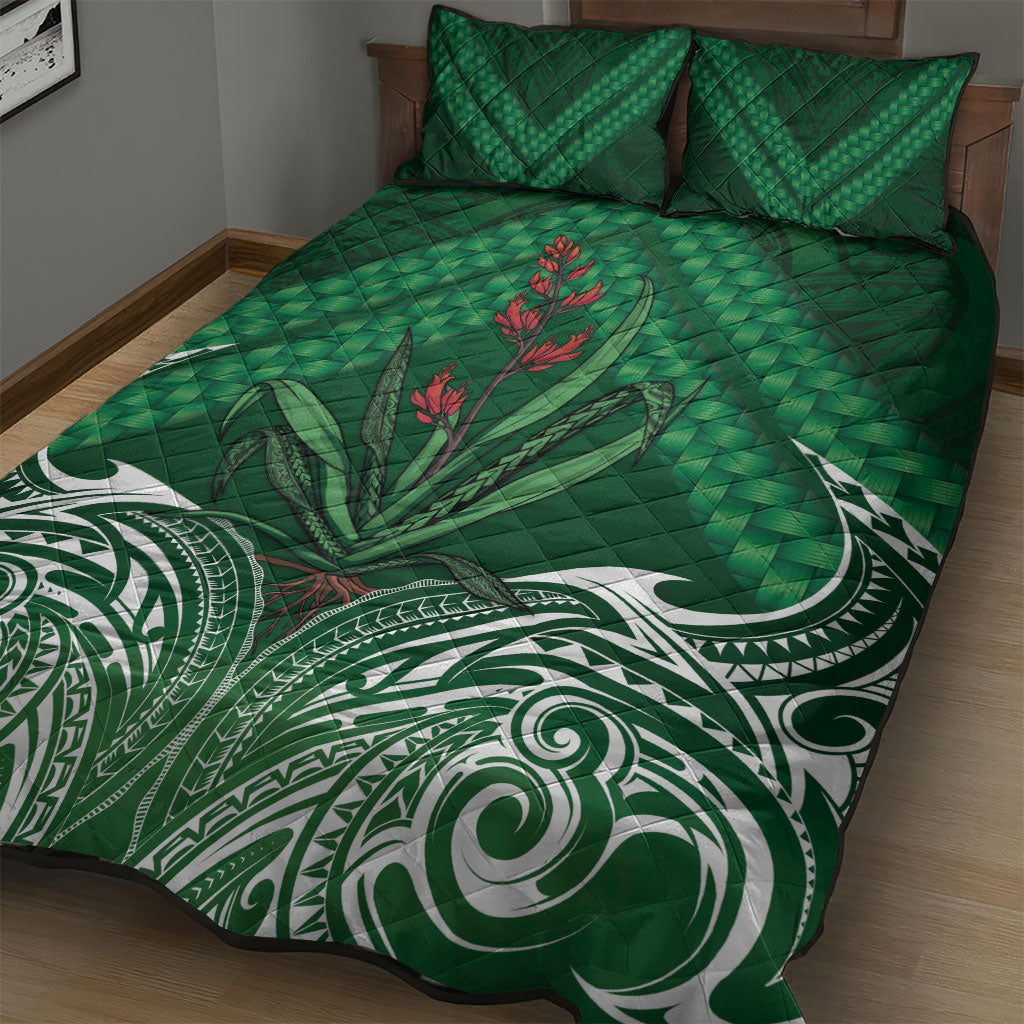 Rongoa Maori New Zealand Harakeke Quilt Bed Set NZ Weaving Pattern Green