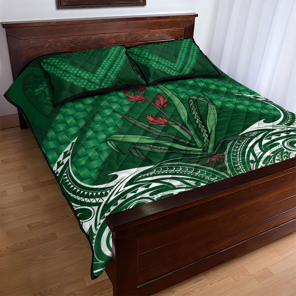 Rongoa Maori New Zealand Harakeke Quilt Bed Set NZ Weaving Pattern Green