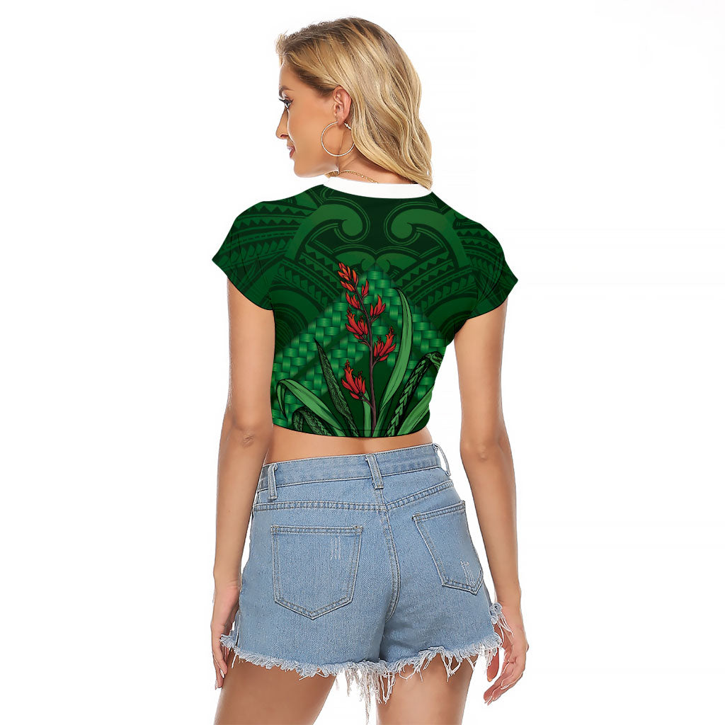 Rongoa Maori New Zealand Harakeke Raglan Cropped T Shirt NZ Weaving Pattern Green