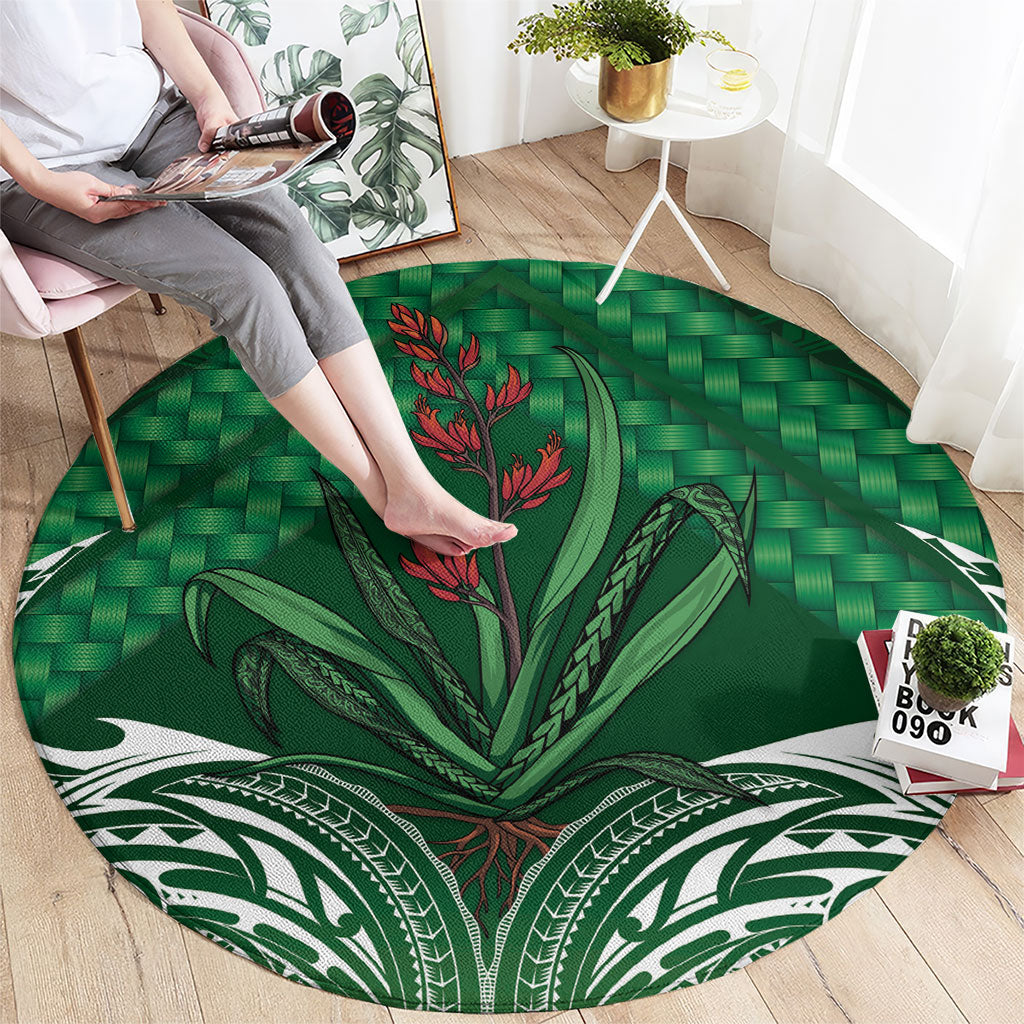 Rongoa Maori New Zealand Harakeke Round Carpet NZ Weaving Pattern Green