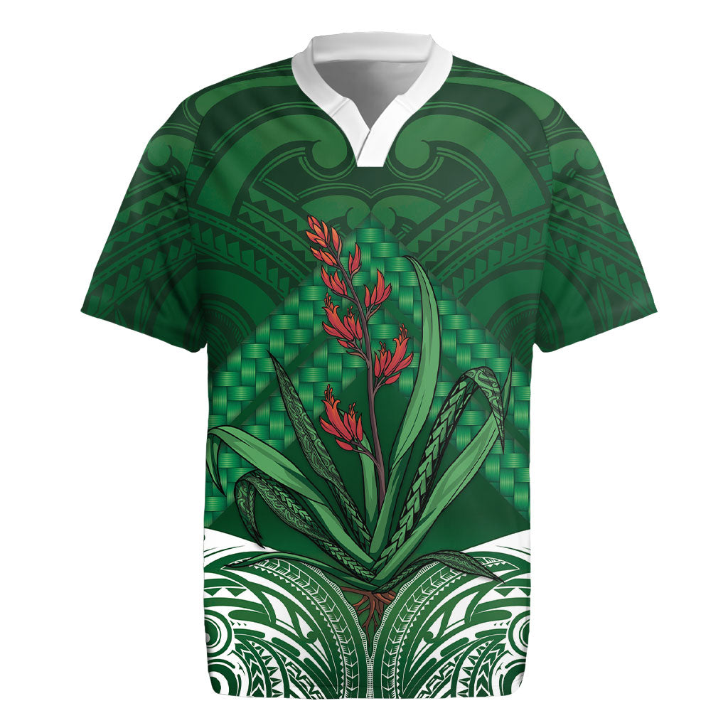Rongoa Maori New Zealand Harakeke Rugby Jersey NZ Weaving Pattern Green