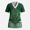 Rongoa Maori New Zealand Harakeke Scrub Top NZ Weaving Pattern Green