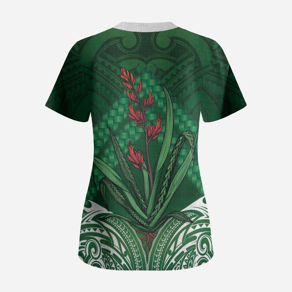 Rongoa Maori New Zealand Harakeke Scrub Top NZ Weaving Pattern Green
