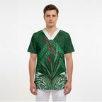 Rongoa Maori New Zealand Harakeke Scrub Top NZ Weaving Pattern Green