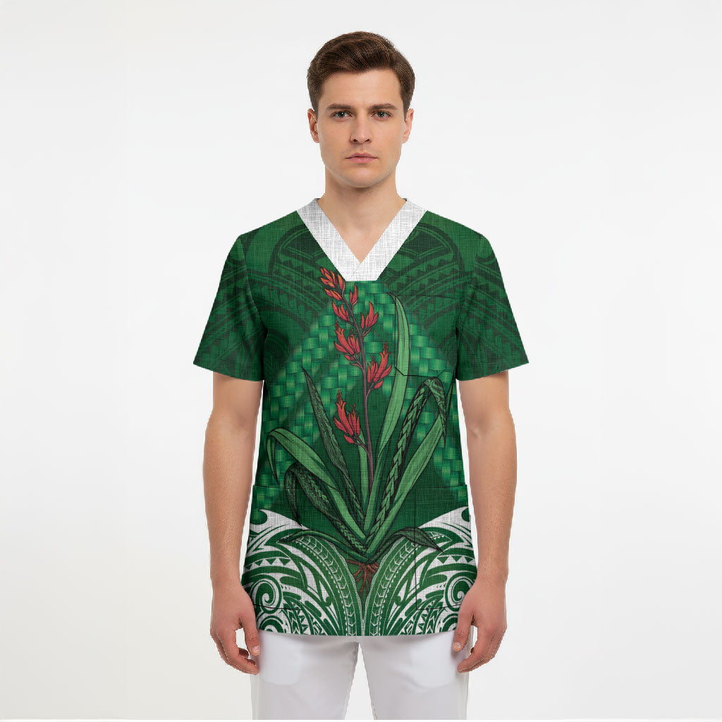 Rongoa Maori New Zealand Harakeke Scrub Top NZ Weaving Pattern Green