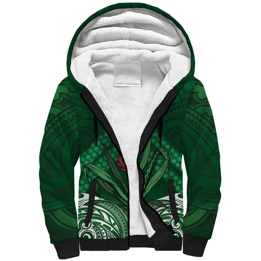 Rongoa Maori New Zealand Harakeke Sherpa Hoodie NZ Weaving Pattern Green