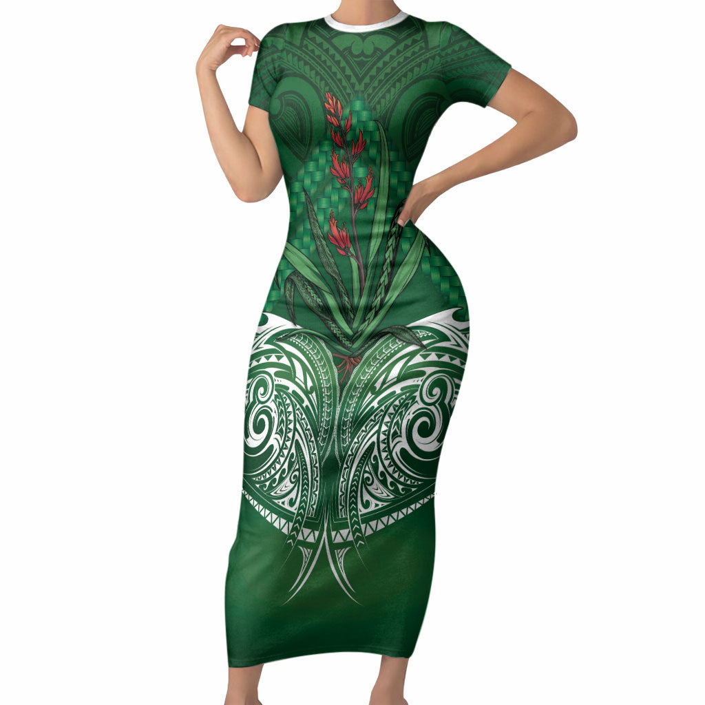 Rongoa Maori New Zealand Harakeke Short Sleeve Bodycon Dress NZ Weaving Pattern Green