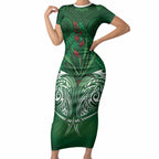 Rongoa Maori New Zealand Harakeke Short Sleeve Bodycon Dress NZ Weaving Pattern Green