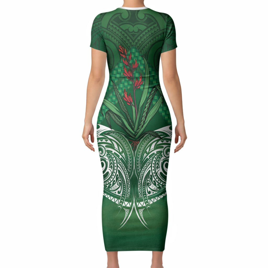Rongoa Maori New Zealand Harakeke Short Sleeve Bodycon Dress NZ Weaving Pattern Green