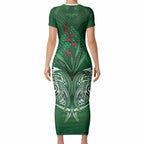 Rongoa Maori New Zealand Harakeke Short Sleeve Bodycon Dress NZ Weaving Pattern Green