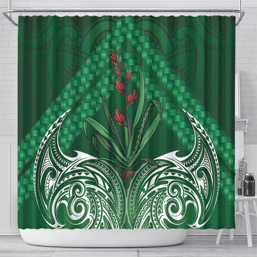 Rongoa Maori New Zealand Harakeke Shower Curtain NZ Weaving Pattern Green