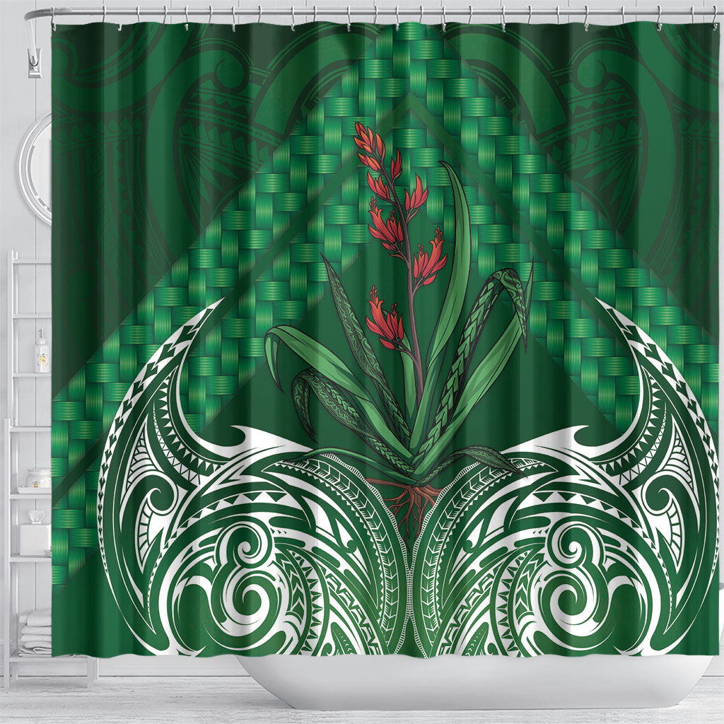 Rongoa Maori New Zealand Harakeke Shower Curtain NZ Weaving Pattern Green