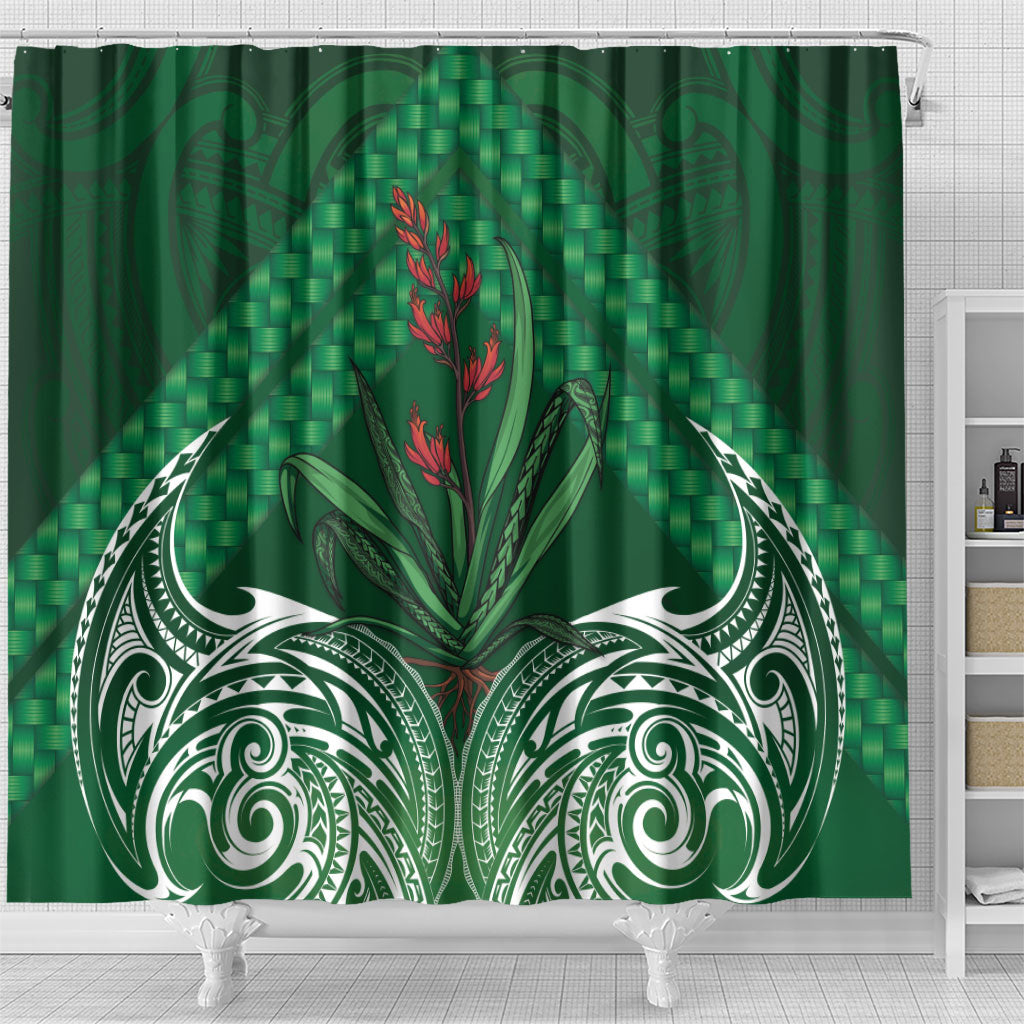 Rongoa Maori New Zealand Harakeke Shower Curtain NZ Weaving Pattern Green