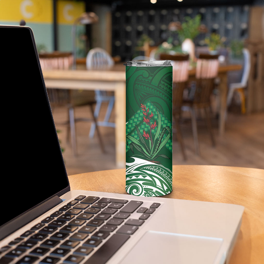 Rongoa Maori New Zealand Harakeke Skinny Tumbler NZ Weaving Pattern Green
