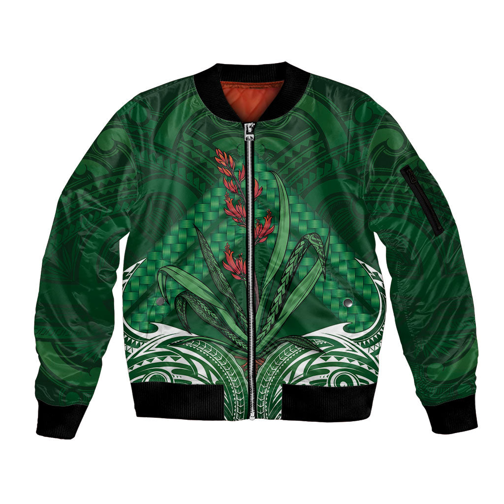 Rongoa Maori New Zealand Harakeke Sleeve Zip Bomber Jacket NZ Weaving Pattern Green