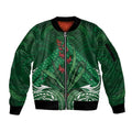 Rongoa Maori New Zealand Harakeke Sleeve Zip Bomber Jacket NZ Weaving Pattern Green