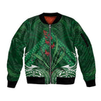 Rongoa Maori New Zealand Harakeke Sleeve Zip Bomber Jacket NZ Weaving Pattern Green