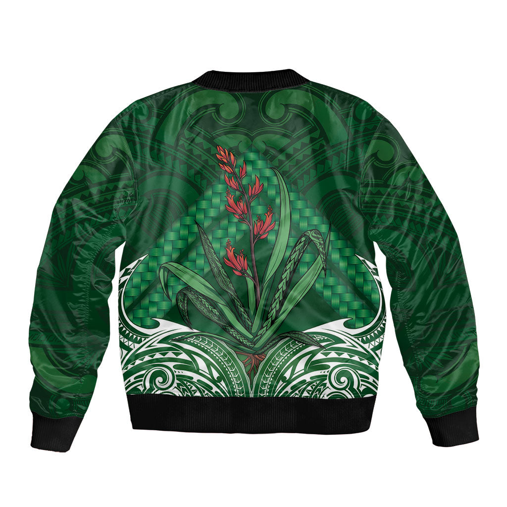 Rongoa Maori New Zealand Harakeke Sleeve Zip Bomber Jacket NZ Weaving Pattern Green