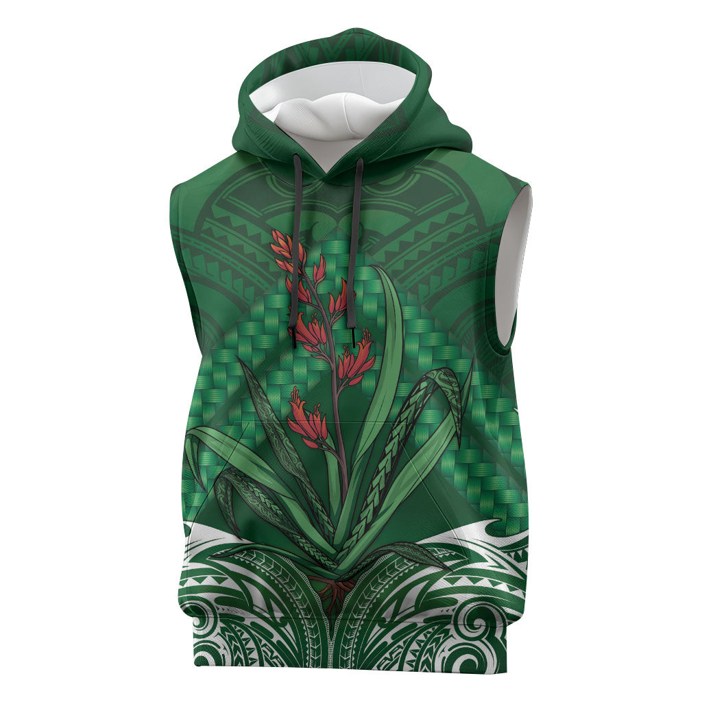 Rongoa Maori New Zealand Harakeke Sleeveless Hoodie NZ Weaving Pattern Green