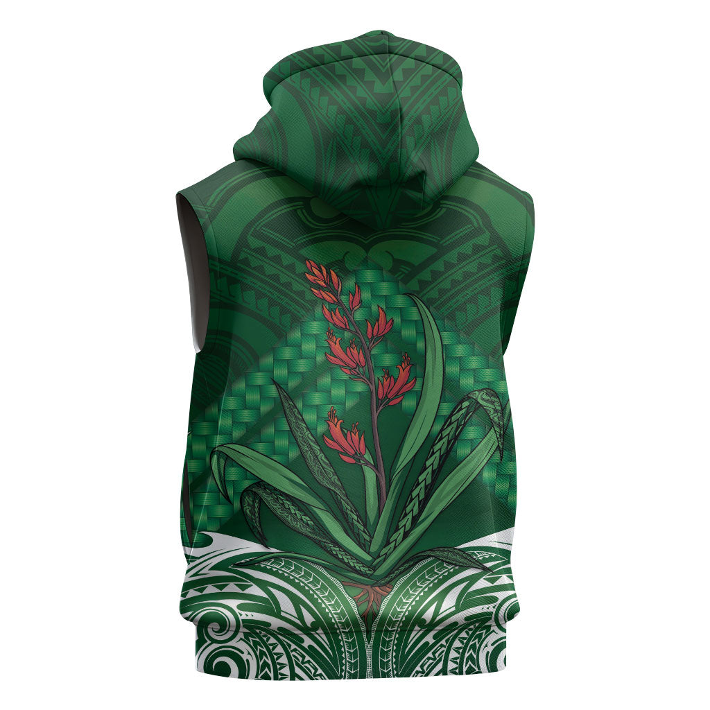 Rongoa Maori New Zealand Harakeke Sleeveless Hoodie NZ Weaving Pattern Green