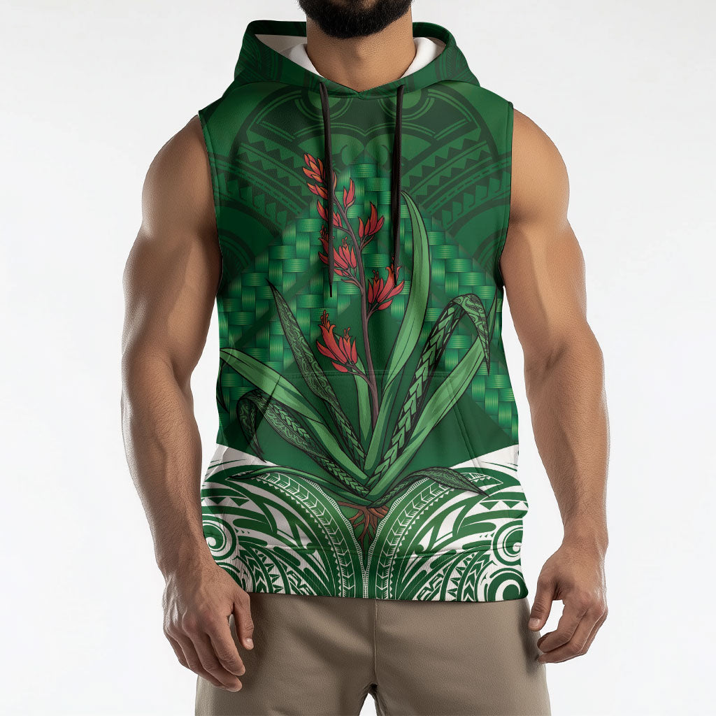 Rongoa Maori New Zealand Harakeke Sleeveless Hoodie NZ Weaving Pattern Green