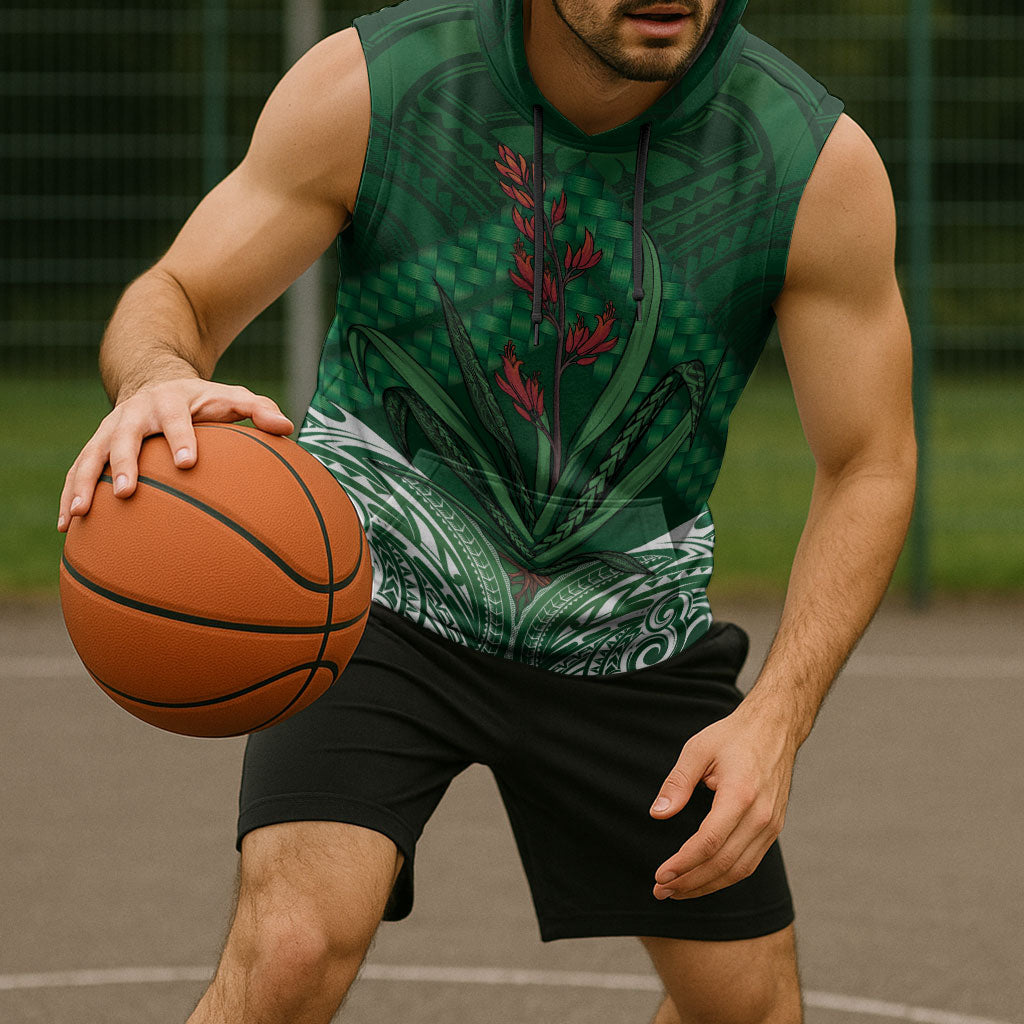 Rongoa Maori New Zealand Harakeke Sleeveless Hoodie NZ Weaving Pattern Green