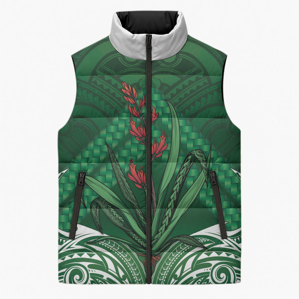 Rongoa Maori New Zealand Harakeke Sleeveless Puffer Jacket NZ Weaving Pattern Green
