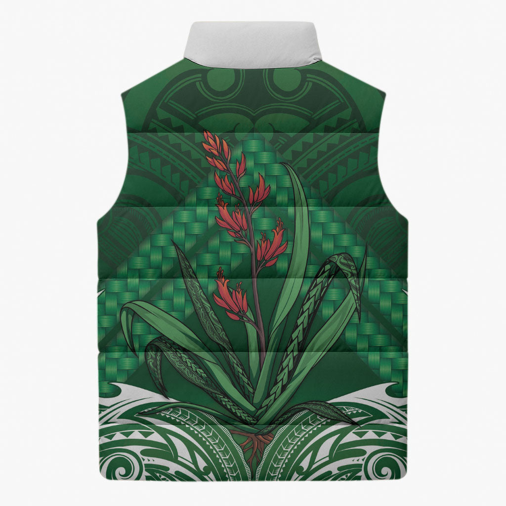 Rongoa Maori New Zealand Harakeke Sleeveless Puffer Jacket NZ Weaving Pattern Green
