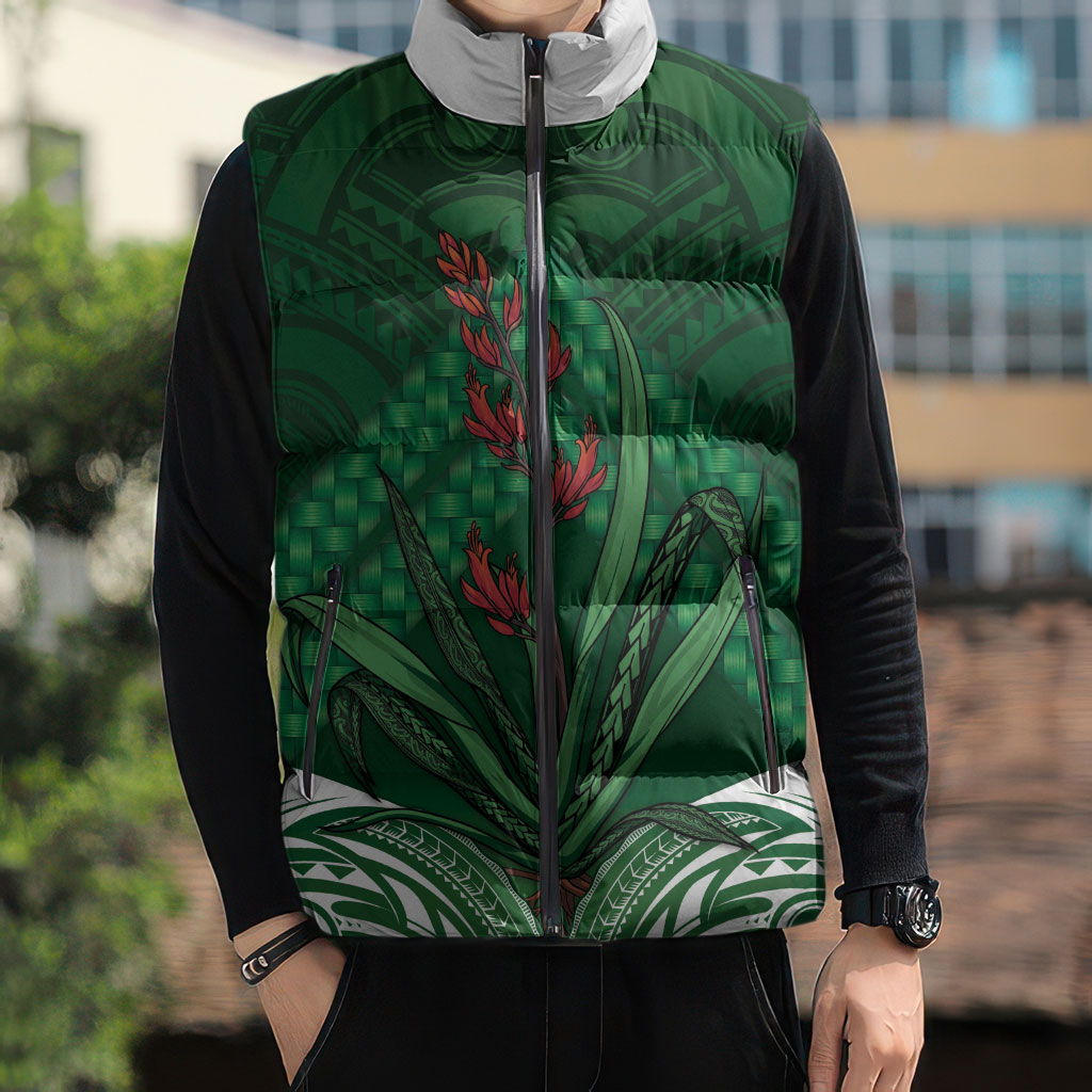 Rongoa Maori New Zealand Harakeke Sleeveless Puffer Jacket NZ Weaving Pattern Green