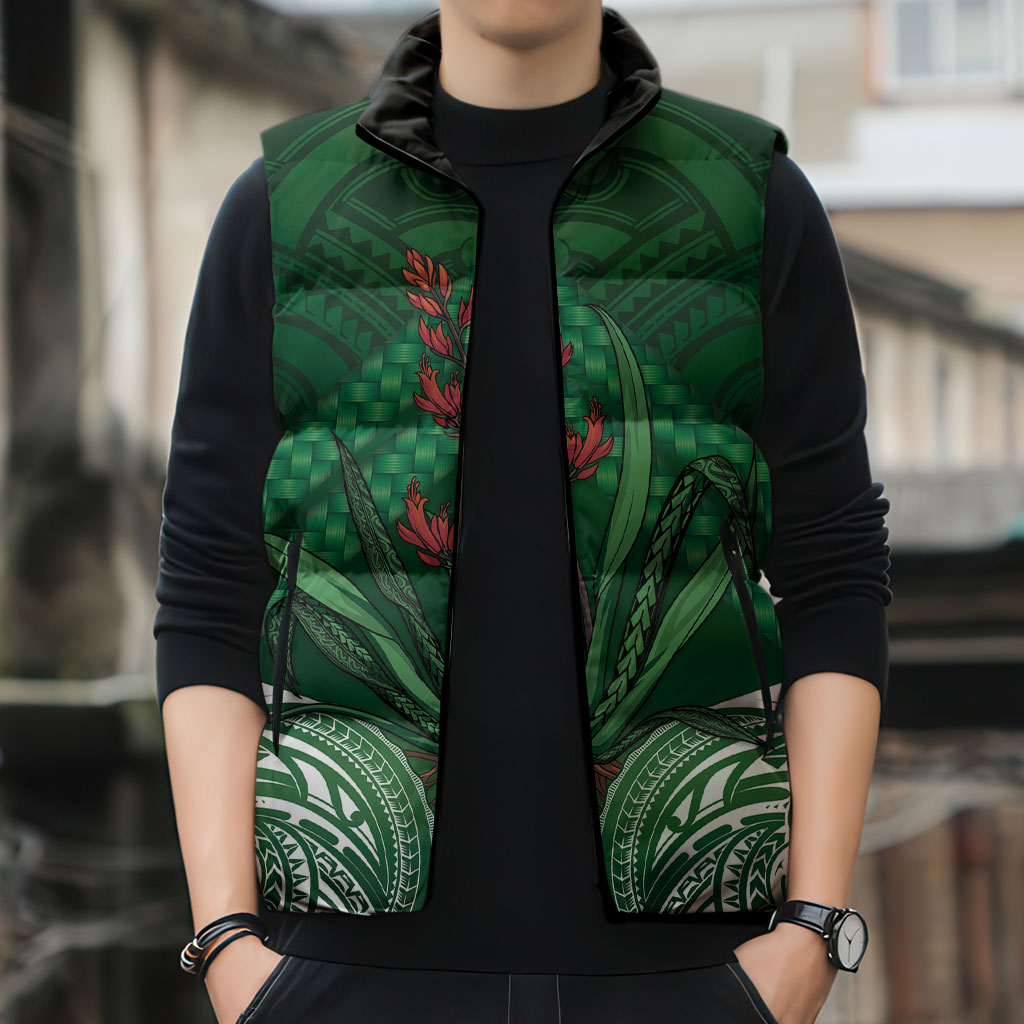 Rongoa Maori New Zealand Harakeke Sleeveless Puffer Jacket NZ Weaving Pattern Green