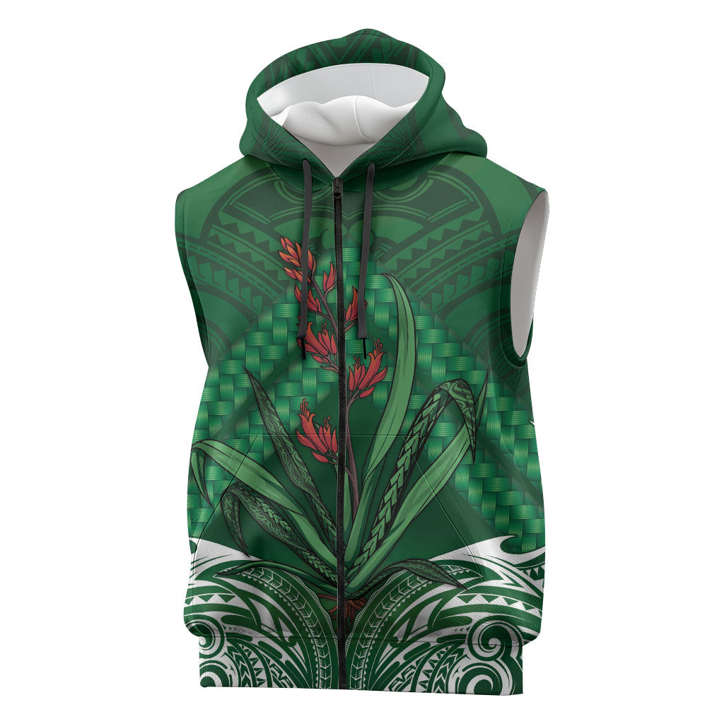 Rongoa Maori New Zealand Harakeke Sleeveless Zip Hoodie NZ Weaving Pattern Green