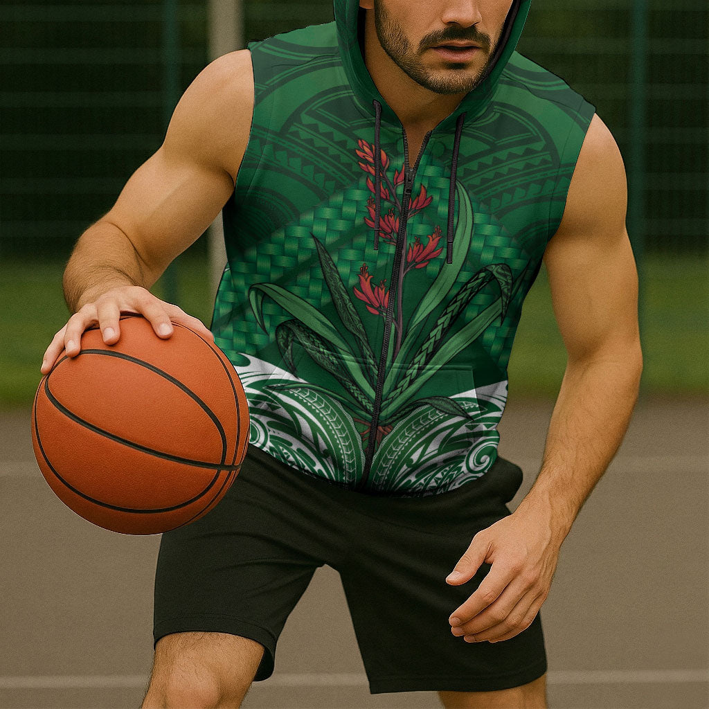 Rongoa Maori New Zealand Harakeke Sleeveless Zip Hoodie NZ Weaving Pattern Green