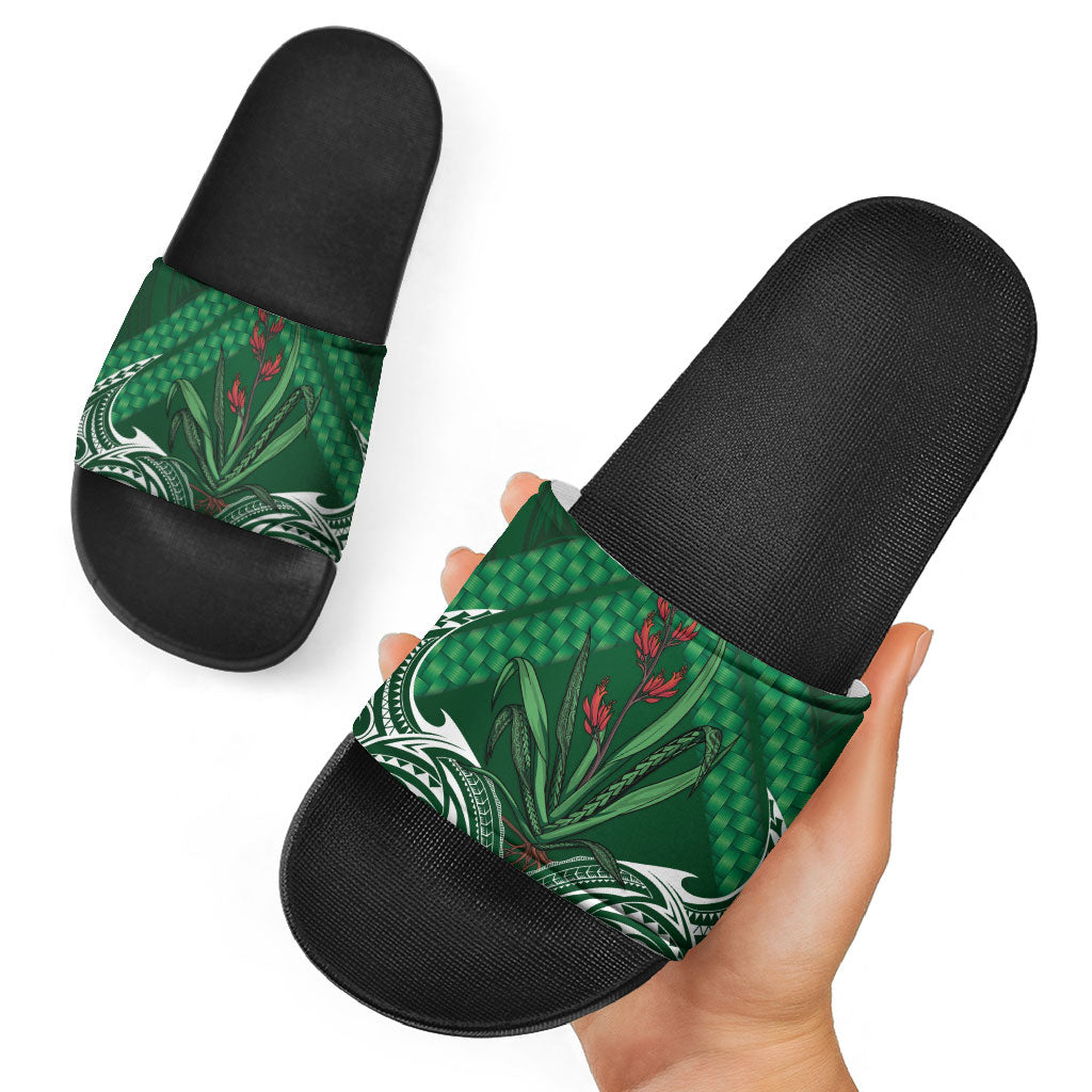 Rongoa Maori New Zealand Harakeke Slide Sandals NZ Weaving Pattern Green