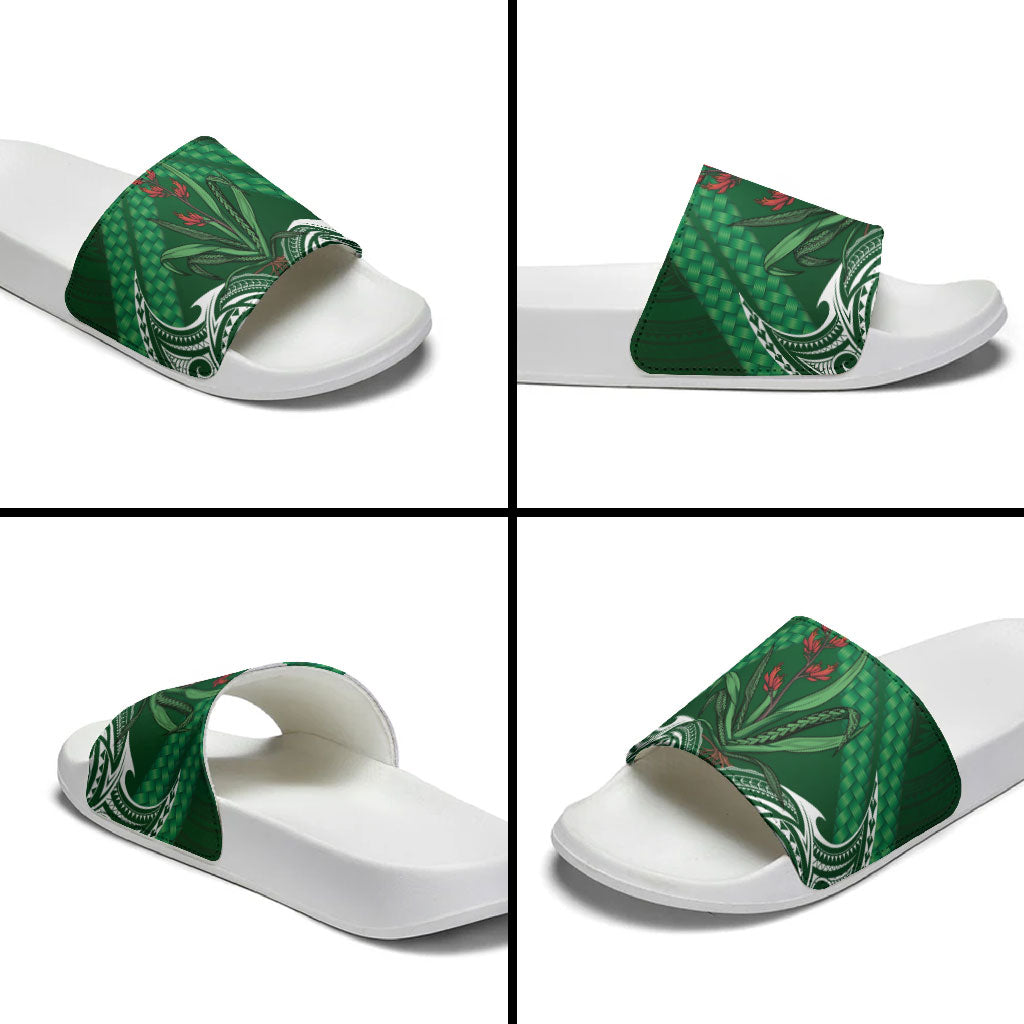 Rongoa Maori New Zealand Harakeke Slide Sandals NZ Weaving Pattern Green