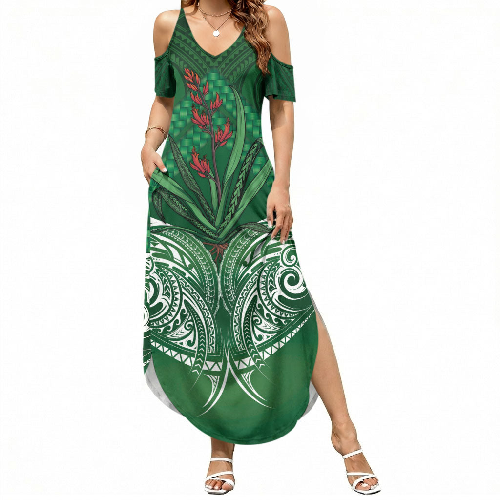 Rongoa Maori New Zealand Harakeke Summer Maxi Dress NZ Weaving Pattern Green