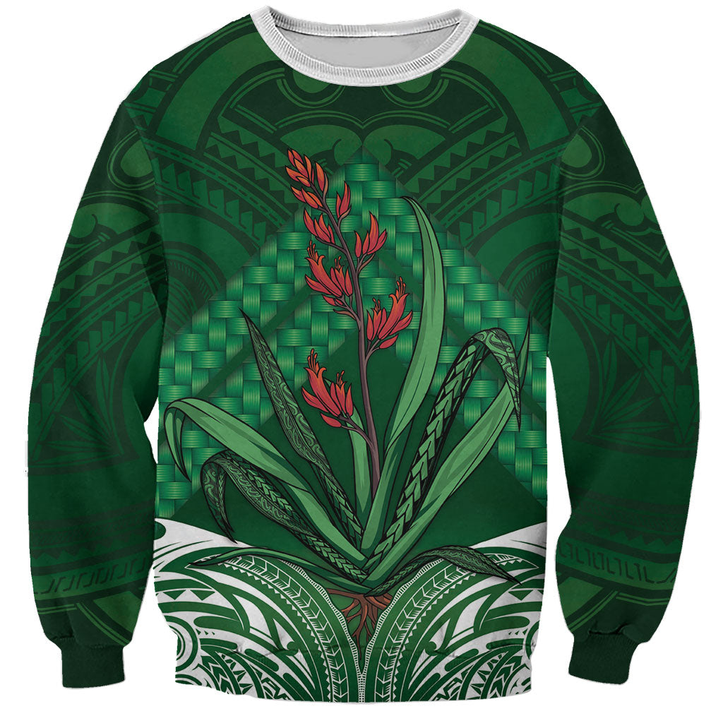 Rongoa Maori New Zealand Harakeke Sweatshirt NZ Weaving Pattern Green