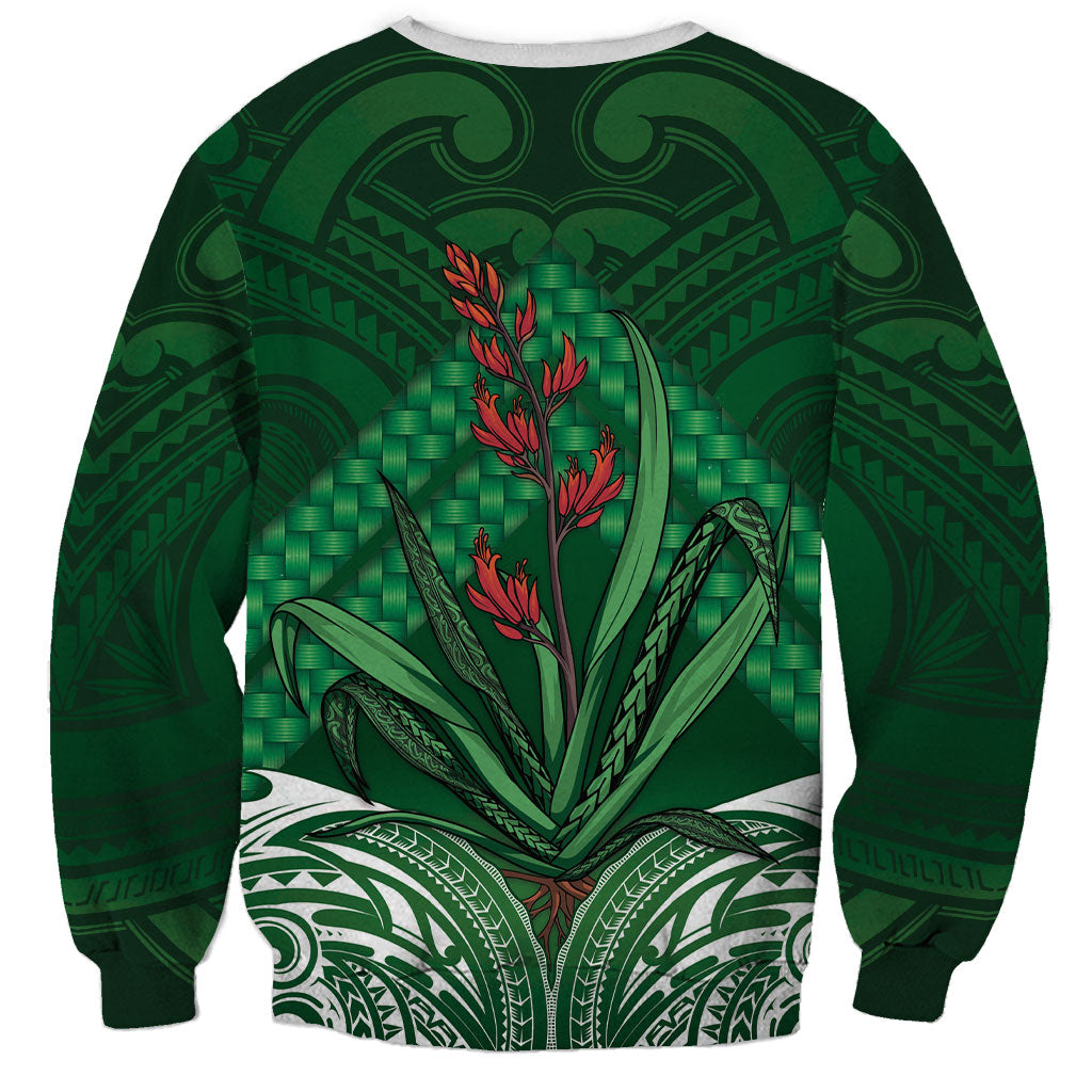 Rongoa Maori New Zealand Harakeke Sweatshirt NZ Weaving Pattern Green