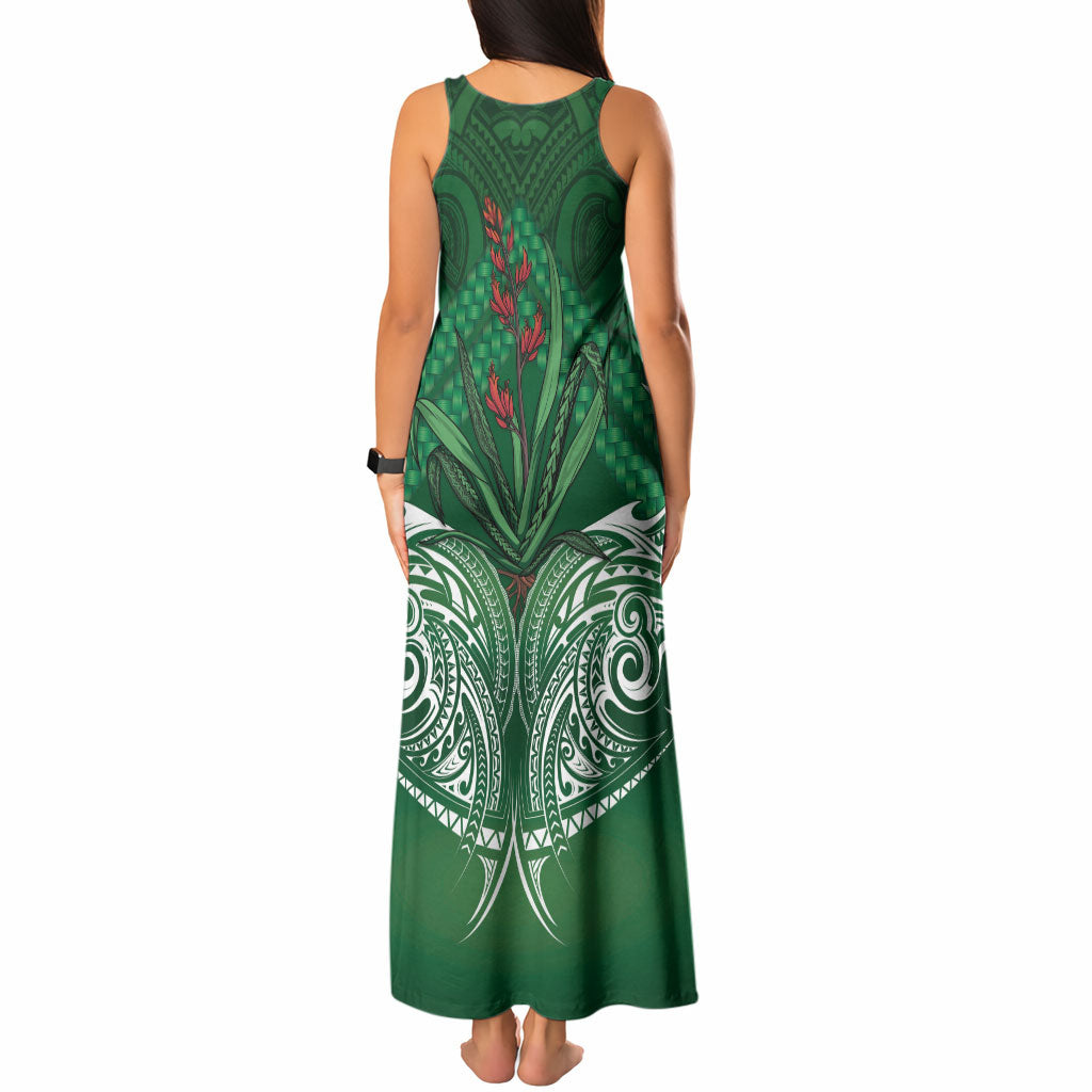 Rongoa Maori New Zealand Harakeke Tank Maxi Dress NZ Weaving Pattern Green