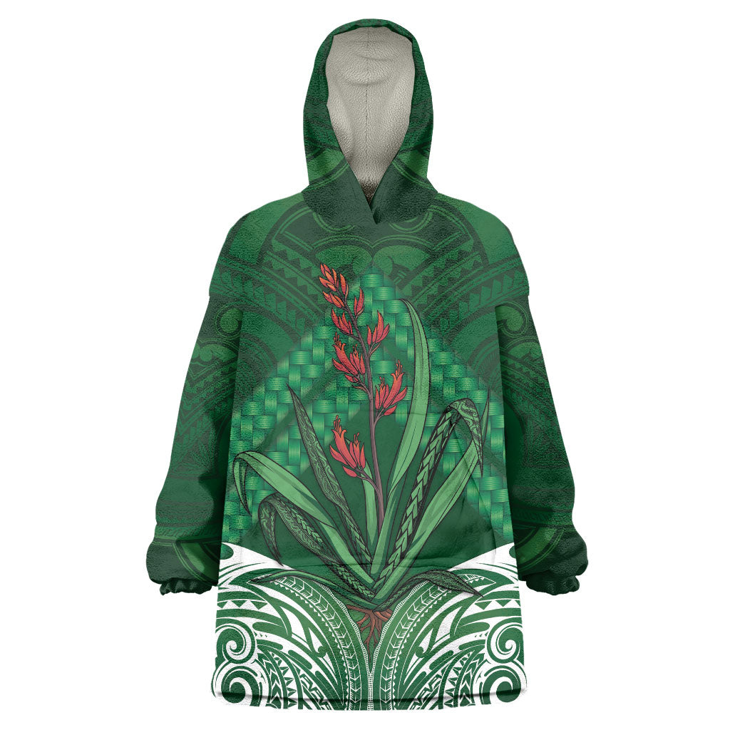 Rongoa Maori New Zealand Harakeke Wearable Blanket Hoodie NZ Weaving Pattern Green