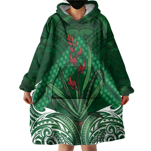 Rongoa Maori New Zealand Harakeke Wearable Blanket Hoodie NZ Weaving Pattern Green
