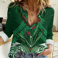 Rongoa Maori New Zealand Harakeke Women Casual Shirt NZ Weaving Pattern Green