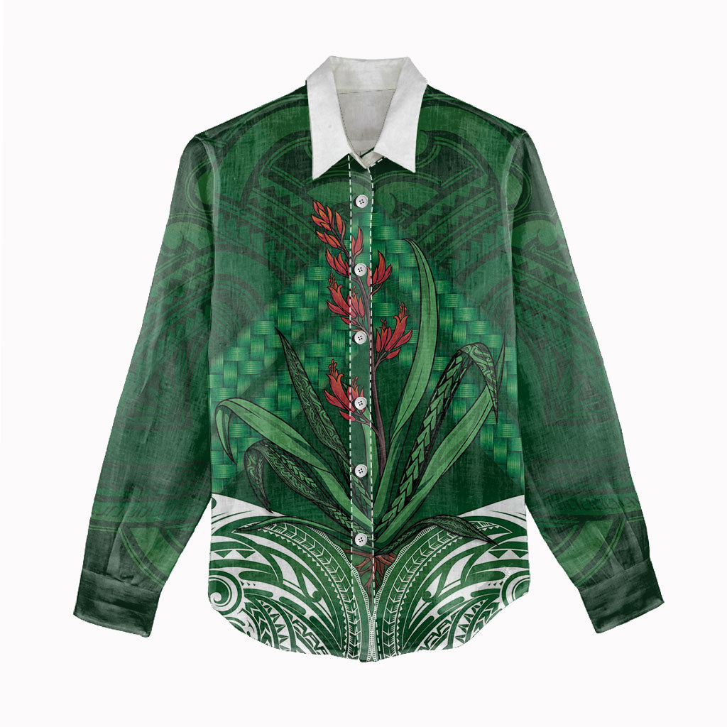 Rongoa Maori New Zealand Harakeke Women Casual Shirt NZ Weaving Pattern Green