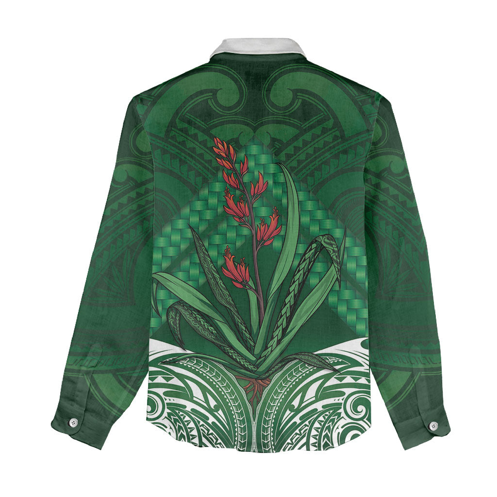 Rongoa Maori New Zealand Harakeke Women Casual Shirt NZ Weaving Pattern Green