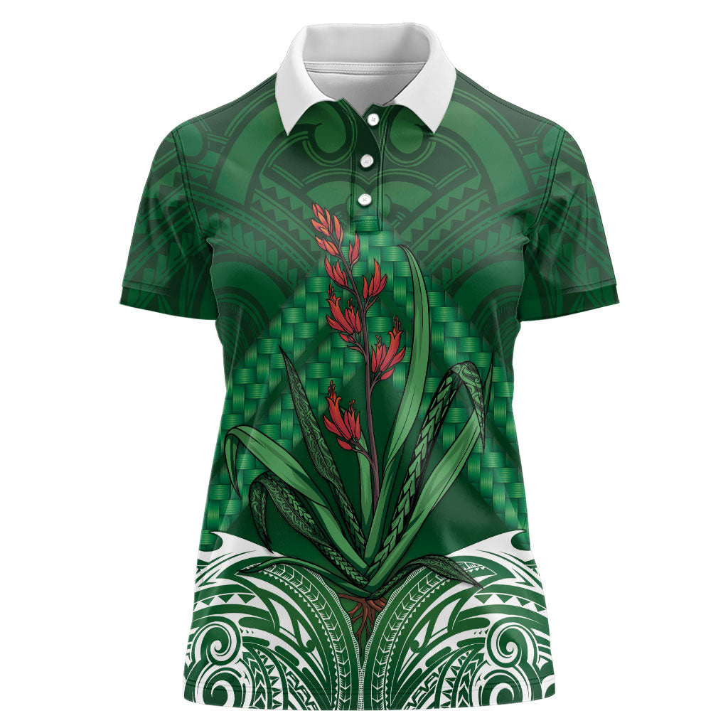 Rongoa Maori New Zealand Harakeke Women Polo Shirt NZ Weaving Pattern Green