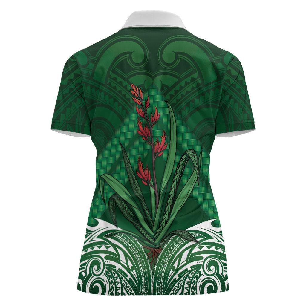 Rongoa Maori New Zealand Harakeke Women Polo Shirt NZ Weaving Pattern Green